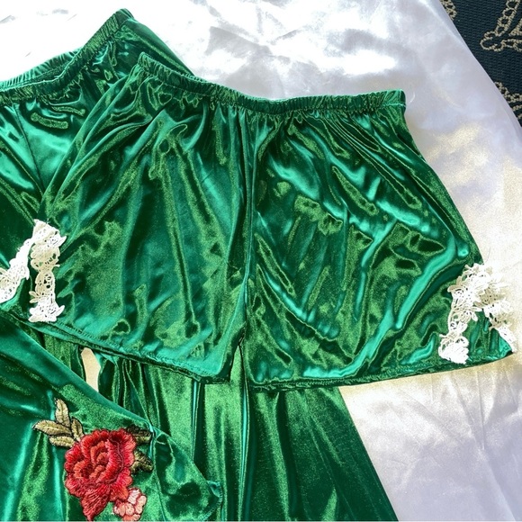 3 Pc Emerald Green Pajama Set Embroidered Flower & Lace Cami Shorts & Pants Sz M - Picture 15 of 15